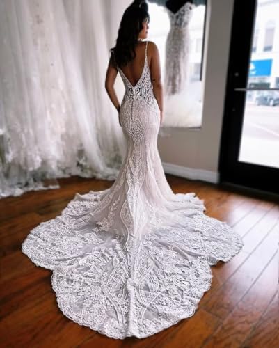 2025 Seashore Boho Bridal Robe: Ladies's V-Neck Wedding ceremony Costume with Lace Applique and Spaghetti Straps (Type PU083)