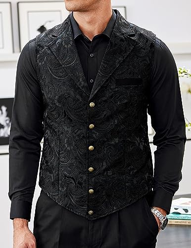 COOFANDY Males's Paisley Floral Victorian Swimsuit Vest - Gothic Steampunk Formal Waistcoat Tuxedo with Notched Lapels