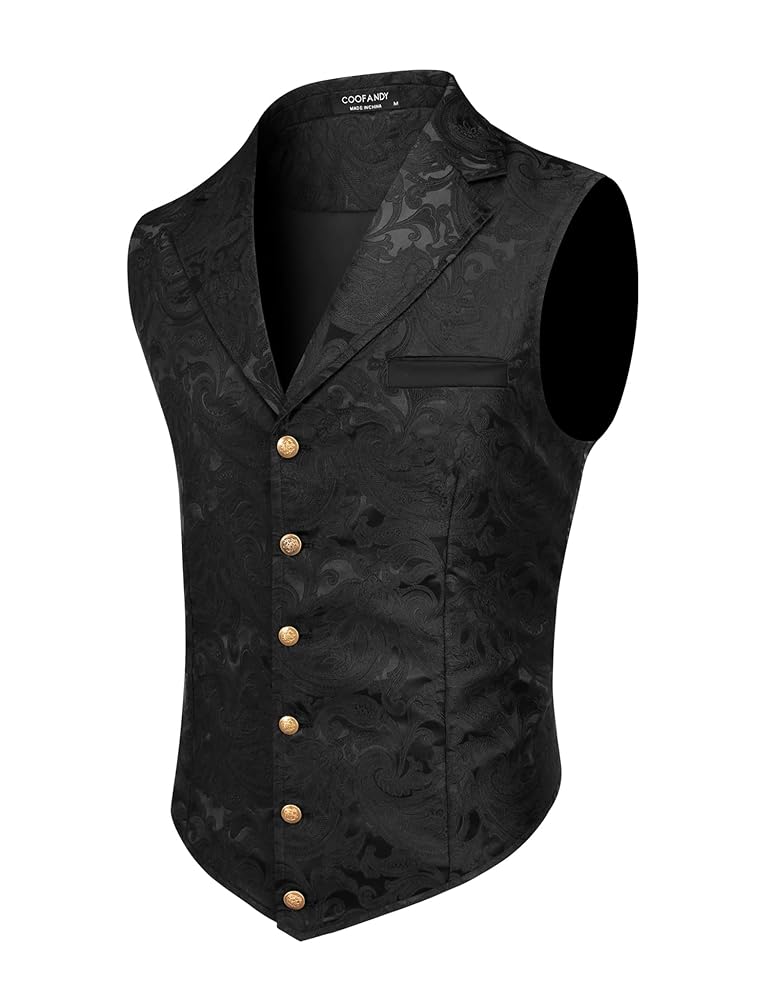 COOFANDY Males’s Paisley Floral Victorian Swimsuit Vest – Gothic Steampunk Formal Waistcoat Tuxedo with Notched Lapels