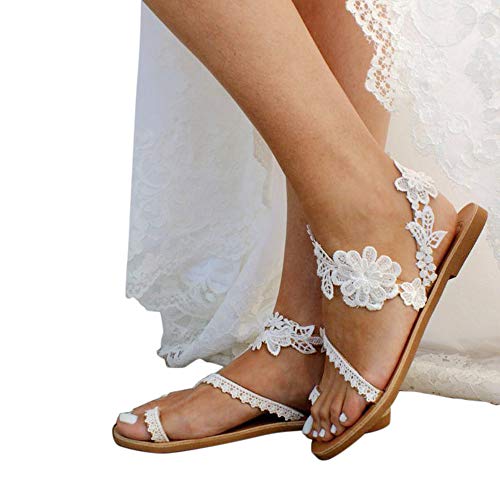 Ladies's Informal Floral Lace Flat Sandals with Toe Clip - Comfy Summer season Seaside Flip Flops with Elegant Toe Ring in Roman Type