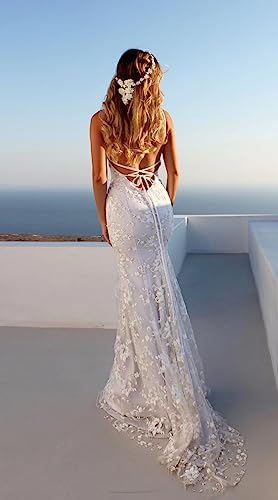 Mermaid V-Neck Bridal Robe with Lace Applique and Spaghetti Straps – Open Again Bodycon Wedding ceremony Costume for Brides