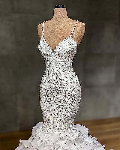 White Lace Organza Mermaid Wedding ceremony Gown with Spaghetti Straps, Sleeveless Design, and Lengthy Practice for Girls