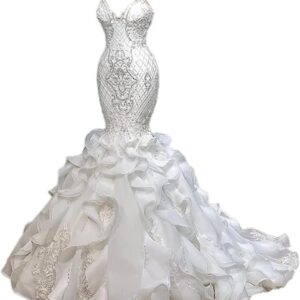 White Lace Organza Mermaid Wedding ceremony Gown with Spaghetti Straps, Sleeveless Design, and Lengthy Practice for Girls